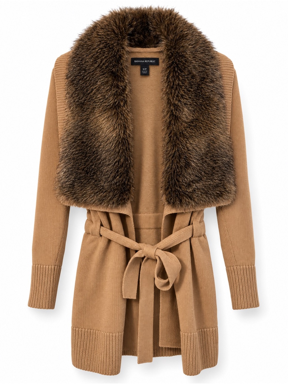 Banana Republic Faux Fur-Collar Tie-Waist Wool Blend Cardigan – Camel, Size S/P